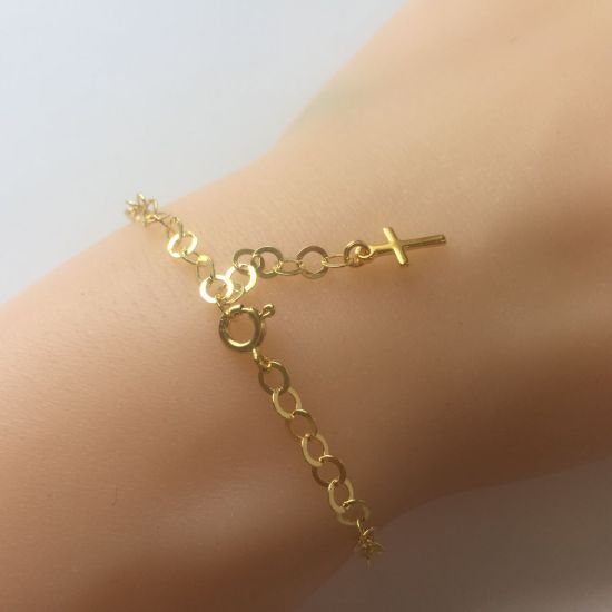 Wholesale Gold over Sterling Silver Finished Adjustable Chain Bracelet and Anklet with Cross - 3.5mm Round Flat Cable Chain