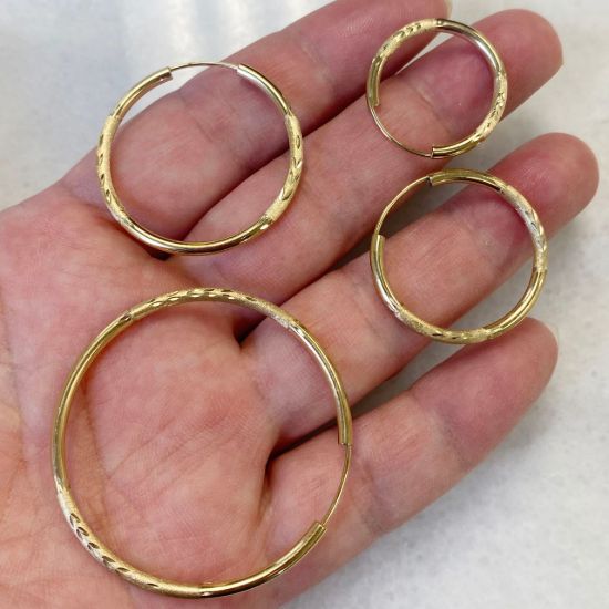 Wholesale 14K Solid Gold Textured Hoop Earrings  - Hollow Light Weight Endless Hoops  (Sold per pair)