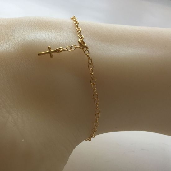 Wholesale Gold over Sterling Silver Finished Adjustable Chain Bracelet and Anklet with cross - Round Oval Cable Chain