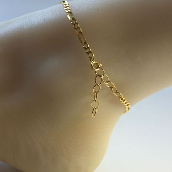 Wholesale Gold over Sterling Silver Finished Adjustable Chain Bracelet and Anklet with Extender - Fancy Figaro Link Chain