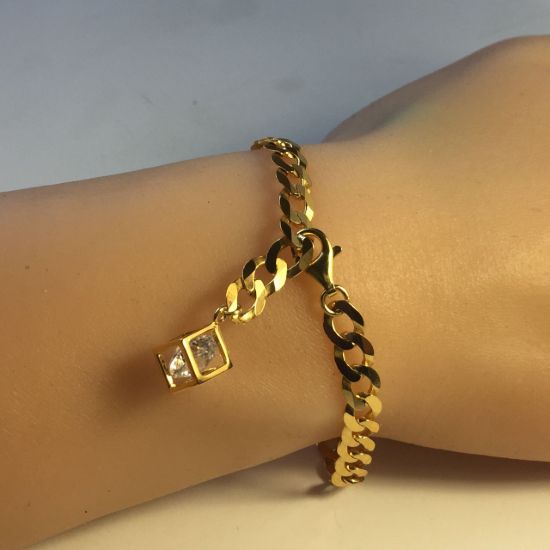 Wholesale Gold over Sterling Silver Finished Adjustable Chain Bracelet and Anklet  -Chunky Curb Chain with Diamond Cube