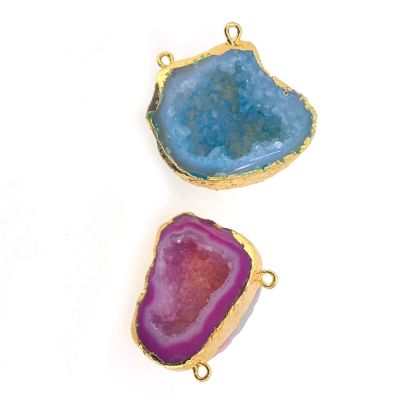 Wholesale Druzy Agate Geode Connector Pendant,  Pink or Blue Nature Agate Gold Edging Small Geode Pendant
