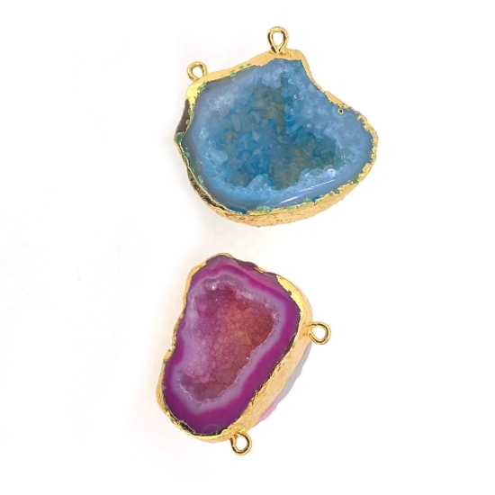 Wholesale Druzy Agate Geode Connector Pendant,  Pink or Blue Nature Agate Gold Edging Small Geode Pendant
