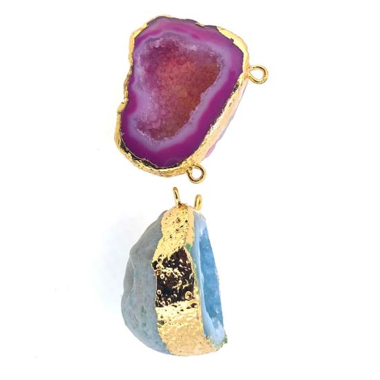 Wholesale Druzy Agate Geode Connector Pendant,  Pink or Blue Nature Agate Gold Edging Small Geode Pendant