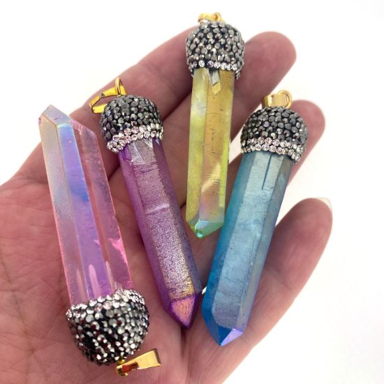 Wholesale Natural Titanium Crystal Pendulum, Zircon Pave Pendant with Gold plated Stainless Steel Bail