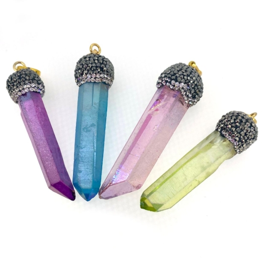 Wholesale Natural Titanium Crystal Pendulum, Zircon Pave Pendant with Gold plated Stainless Steel Bail