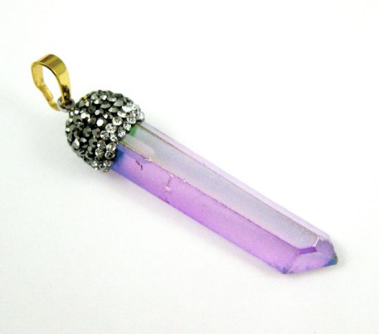 Wholesale Natural Titanium Crystal Pendulum, Zircon Pave Pendant with Gold plated Stainless Steel Bail