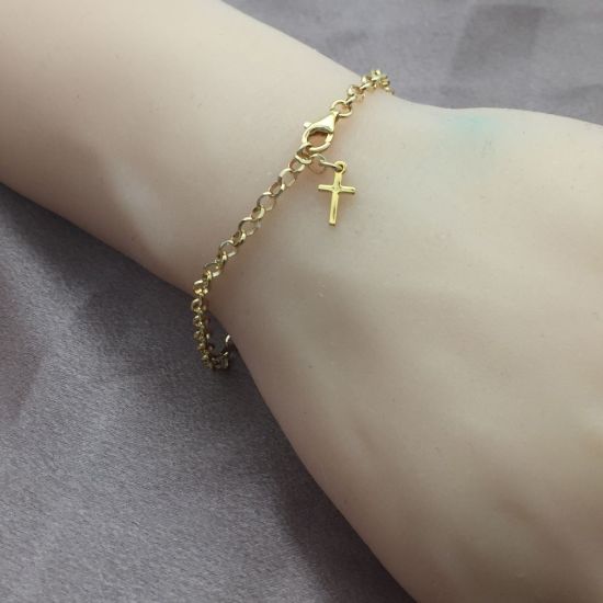 Wholesale Gold over Sterling Silver Finished Adjustable Chain Bracelet and Anklet with Cross- Diamond Cut Rolo Chain 