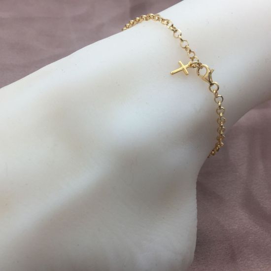 Wholesale Gold over Sterling Silver Finished Adjustable Chain Bracelet and Anklet with Cross- Diamond Cut Rolo Chain 
