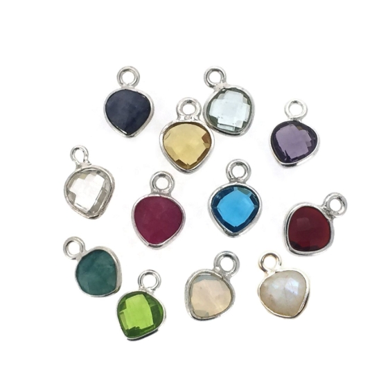 Wholesale Sterling Silver Bezel Charm Pendant - 10x7mm Tiny Heart Shape Birthstone Charms