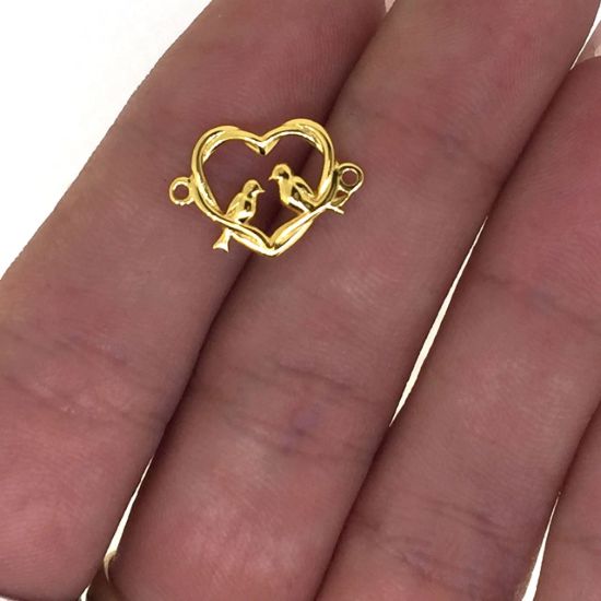 Gold Plated Sterling Silver Twisted Branch Heart Connector Charm with Birds 11 x 16mm