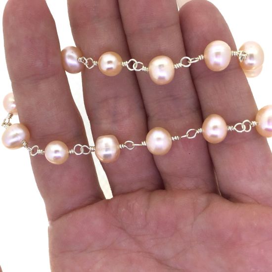Wholesale Wire Wrapped Freshwater Pearls - Pink Pearl Rosary Chains- 7- 8 mm - Pink color - Jewelry Making Chains- Sold per Foot