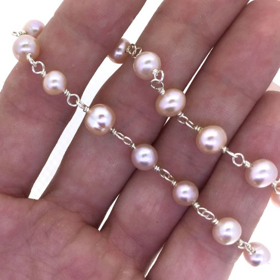 Wholesale Wire Wrapped Freshwater Pearls - Pink Pearl Rosary Chains- 5 - 6 mm - Pink color - Jewelry Making Chains- Sold per Foot