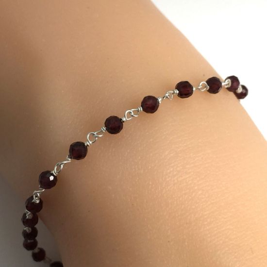 Wholesale Sterling Silver  Genuine Garnet Rosary Chain By the Foot- 3mm Round Faceted Beads  