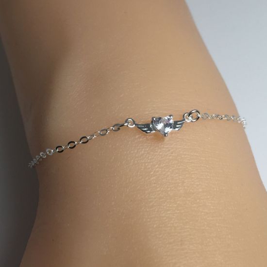 Wholesale 925 Sterling Silver Angel Wing Heart Birthstone Charm Bracelet or Anklet-Adjustable Length 