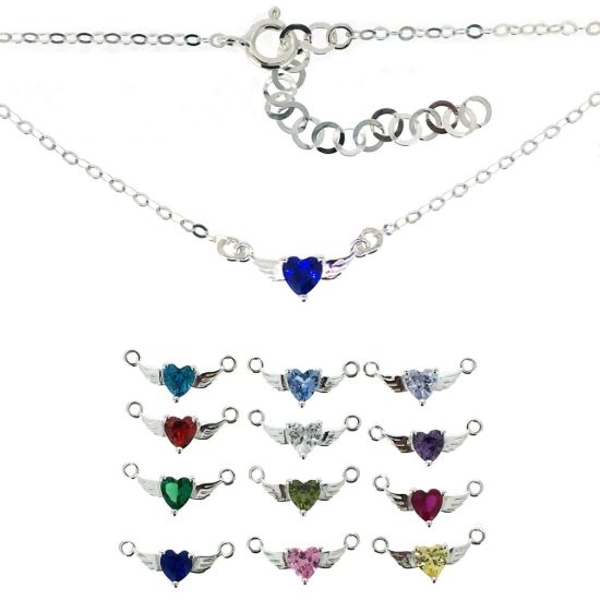 Wholesale 925 Sterling Silver Angel Wing Heart Birthstone Choker Necklace-Adjustable Length