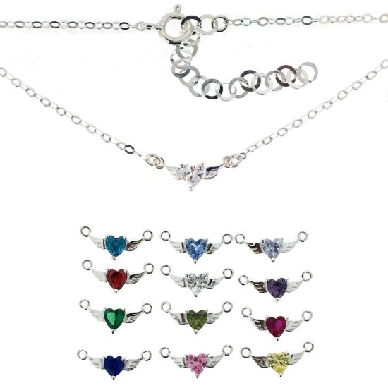 Wholesale 925 Sterling Silver Angel Wing Heart Birthstone Charm Bracelet or Anklet-Adjustable Length 