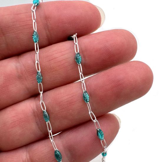 Wholesale Sterling Silver Necklace Chain-Long Box -1+3 Paperclip Turquoise Enamel Chain
