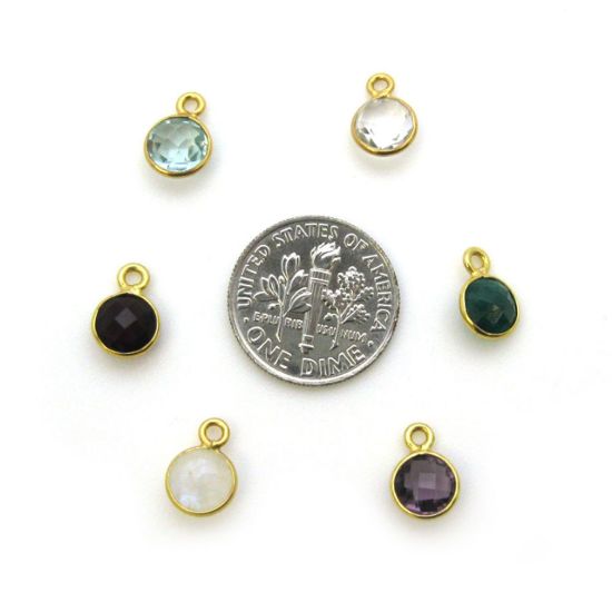 Wholesale Gold Over Sterling Silver Bezel Charm Pendant - 7mm Tiny Circle Shape - Set of 12 Months 