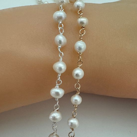 wholesale sterling silver 4-5mm freshwater pearl rosary chain for jewelry making