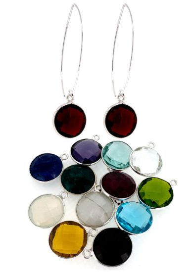 Wholesale Sterling Silver Marquise  Earrings  with 14mm Round Bezel Birthstones