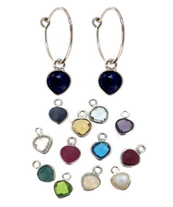 Wholesale Sterling Silver 15mm Hoop Earrings with 6mm Heart Bezel Birthstones