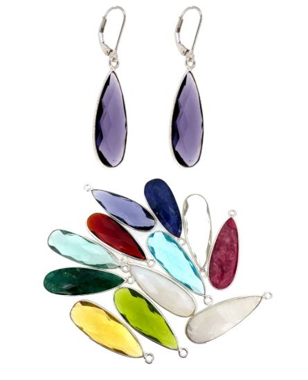 Wholesale Sterling Silver Leverback Earrings with Elongated Teardrop Bezel Birthstones