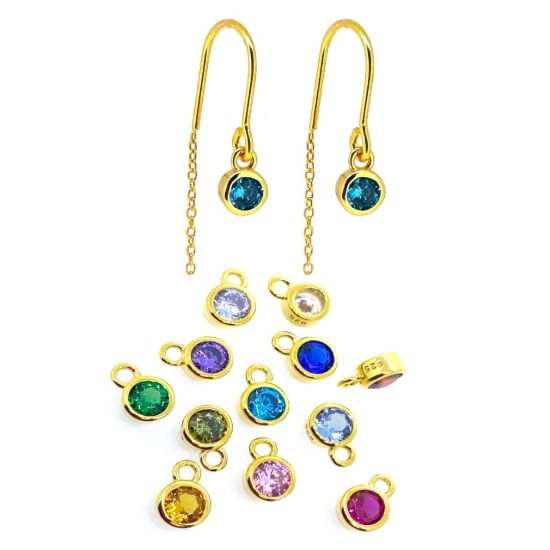 Wholesale Gold over Sterling Silver Threader Earrings with 4mm Round AAAA CZ Stone Bezel Birthstones 