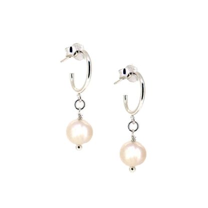 Wholesale Sterling Silver White Freshwater Pearl Half Hoop Earrings