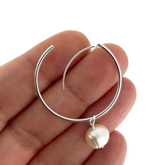 Wholesale Sterling Silver White Freshwater Pearl Hoop Earrings