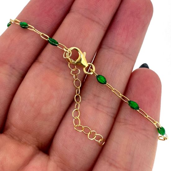 Wholesale 1/20 14k Gold Filled Finished Adjustable Enamel Chain Jewelry - Paperclip Chain with Green Enamel