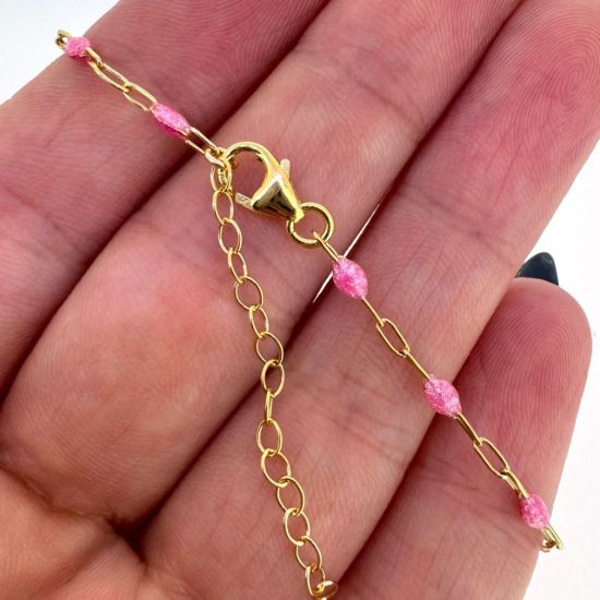 Wholesale 1/20 14k Gold Filled Finished Adjustable Enamel Chain Jewelry - Paperclip Chain with Pink Enamel