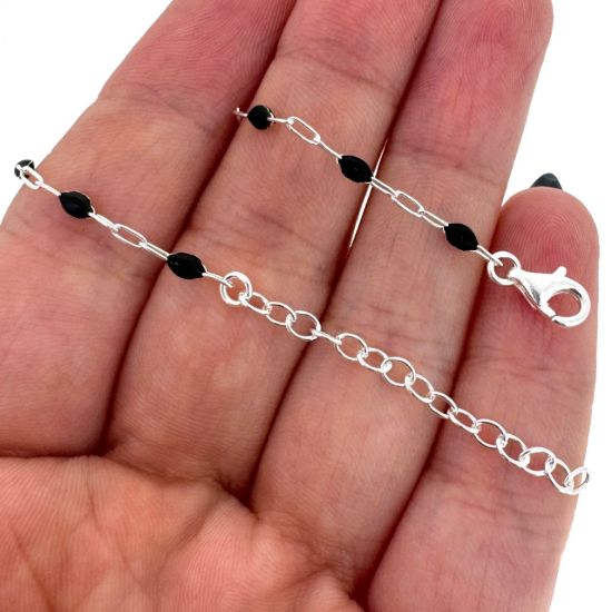 Wholesale 925 Sterling Silver Finished Adjustable Enamel Chain Jewelry - Paperclip Chain with Black Enamel