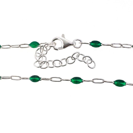 Wholesale 925 Sterling Silver Finished Adjustable Enamel Chain Necklace, Bracelet or Anklet- Paperclip Chain with Green Enamel