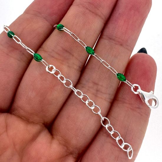Wholesale 925 Sterling Silver Finished Adjustable Enamel Chain Necklace, Bracelet or Anklet- Paperclip Chain with Green Enamel
