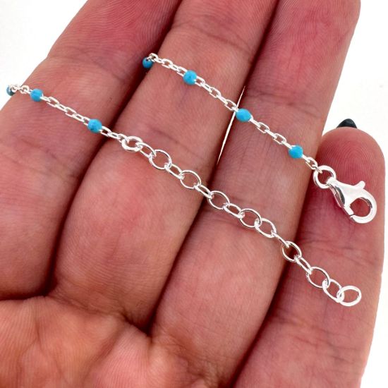Wholesale 925 Sterling Silver Finished Adjustable Enamel Chain Jewelry - Cable Chain with Turquoise Enamel