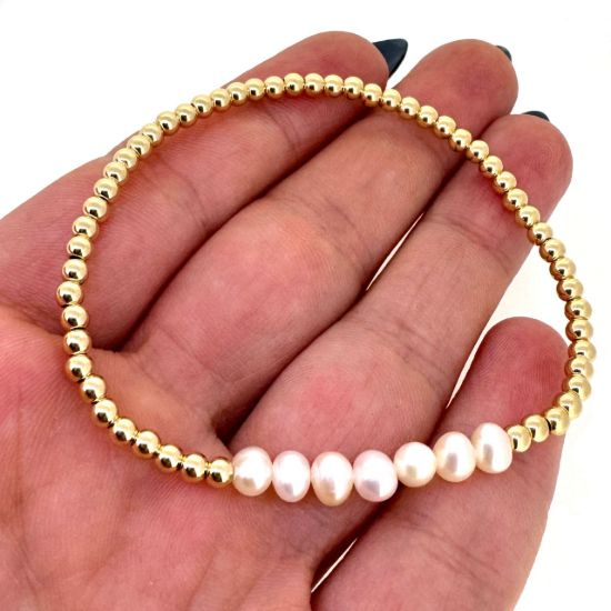 Wholesale 1/20  14K Gold Filled Smooth Beaded Stretchy Bracelet with Freshwater Pearls - 6.5"