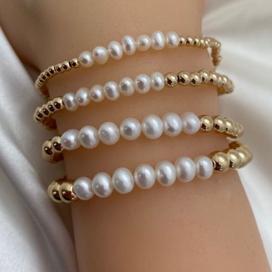 Wholesale 1/20  14K Gold Filled Smooth Beaded Stretchy Bracelet with Freshwater Pearls - 6.5"