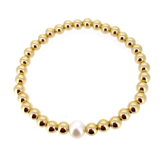 Wholesale 1/20  14K Gold Filled Smooth Beaded Stretchy Bracelet with Single Freshwater Pearls - 6.5"