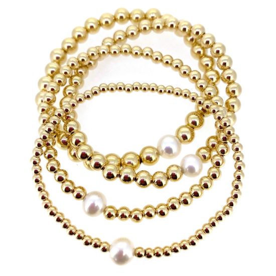 Wholesale 1/20  14K Gold Filled Smooth Beaded Stretchy Bracelet with Single Freshwater Pearls - 6.5"