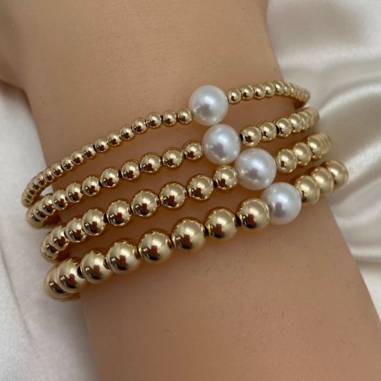 Wholesale 1/20  14K Gold Filled Smooth Beaded Stretchy Bracelet with Single Freshwater Pearls - 6.5"