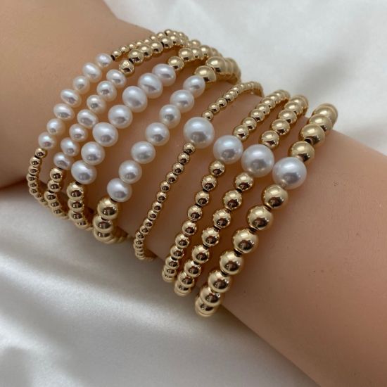 Wholesale 1/20  14K Gold Filled Smooth Beaded Stretchy Bracelet with Single Freshwater Pearls - 6.5"