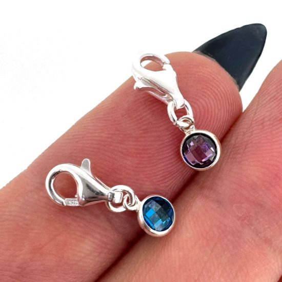 Wholesale 925 Sterling Silver Fancy Bezel Birthstone Add On Charm with Lobster Clasp - 4mm Tiny Round Charms with Double Sided CZ Stone Grade AAA
