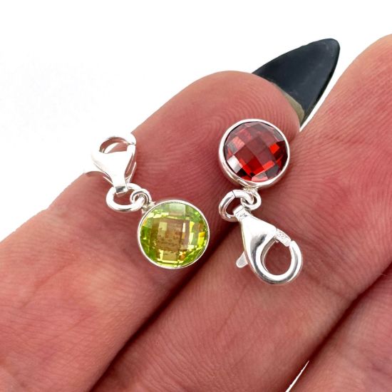 Wholesale 925 Sterling Silver Fancy Bezel Birthstone Add On Charm with Lobster Clasp - 6mm Tiny Round Charms with Double Sided CZ Stone Grade AAA