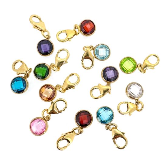Wholesale 1/20 14K Gold Filled Fancy Bezel Birthstone Add On Charms with Lobster Clasp - 6mm Tiny Round Charms with Double Sided CZ Stone Grade AAA