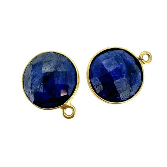 Wholesale 18K Gold Over Sterling Silver Bezel Gemstone Pendant - 14mm Faceted Coin Shape - Blue Sapphire Dyed- September Birthstone