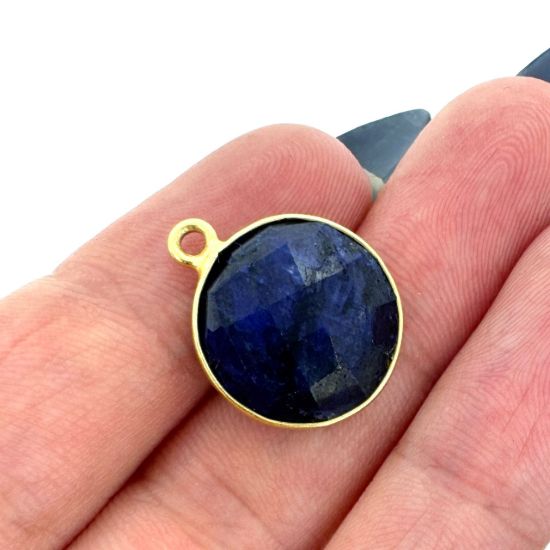 Wholesale 18K Gold Over Sterling Silver Bezel Gemstone Pendant - 14mm Faceted Coin Shape - Blue Sapphire Dyed- September Birthstone
