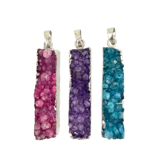 Wholesale Druzy Bar Pendant, Blue Purple Pink Druzy Agate Bar Pendant- Vertical- Silver plated Brass Edge and Bail - 52mm