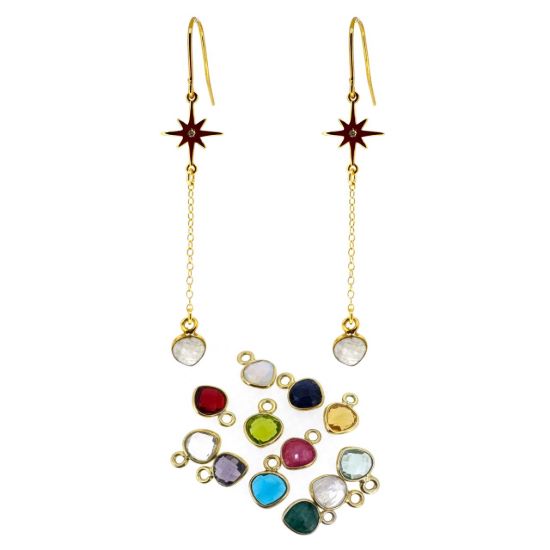 Wholesale Gold Over 925 Sterling Silver North Star and Birthstone Drop and Dangle Earrings
