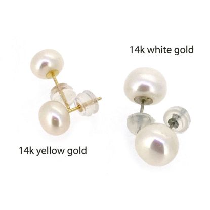 Wholesale 14K Yellow Gold White Button Freshwater Pearl Earring Studs (1 pair)